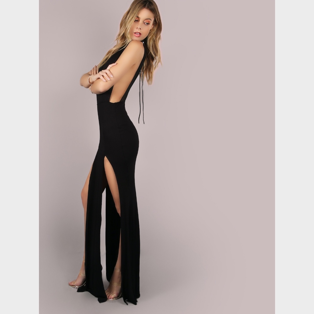 High Slit Open Side Mesh Back Black Maxi Dress - Picture 4 of 8